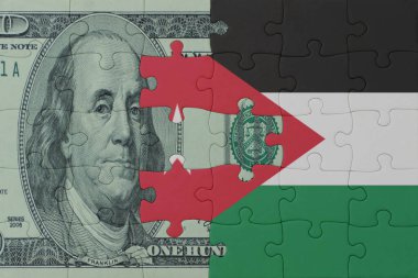 Jordan 'ın ulusal bayrağı ve dolar banknotuyla ilgili bulmacalar. Makro. Kavram. 3d illüstrasyon