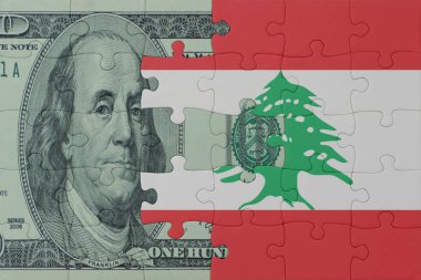 Lübnan ulusal bayrağı ve dolar banknotuyla ilgili bulmacalar. Makro. Kavram. 3d illüstrasyon
