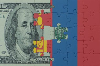 Ulusal Moğolistan bayrağı ve dolar banknotuyla ilgili bulmacalar. Makro. Kavram. 3d illüstrasyon