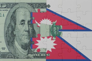 Ulusal bayrak ve dolar banknotları bulmacası. Makro. Kavram. 3d illüstrasyon