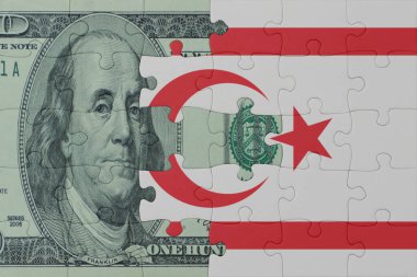 Kuzey Amerika 'nın ulusal bayrağı ve dolar banknotunun bulmacası. Makro. Kavram. 3d illüstrasyon