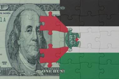 Ulusal Filistin bayrağı ve dolar banknotları bulmacası. Makro. Kavram. 3d illüstrasyon
