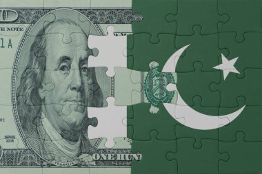 Pakistan ulusal bayrağı ve dolar banknotuyla ilgili bulmacalar. Makro. Kavram. 3d illüstrasyon