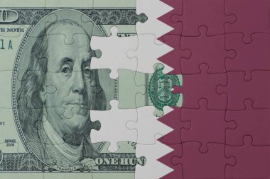 Katar 'ın ulusal bayrağı ve dolar banknotunun bulmacası. Makro. Kavram. 3d illüstrasyon