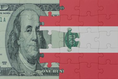 Avusturya bayrağı ve dolar banknotuyla ilgili bulmacalar. Makro. Kavram. 3d illüstrasyon