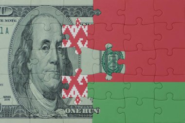 Belarus 'un ulusal bayrağı ve dolar banknotuyla ilgili bulmacalar. Makro. Kavram. 3d illüstrasyon
