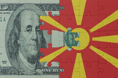 Ulusal bayrak ve dolar banknotları bulmacası. Makro. Kavram. 3d illüstrasyon