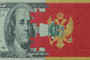 Mongro 'nun ulusal bayrağı ve dolar banknotuyla ilgili bulmacalar. Makro. Kavram. 3d illüstrasyon