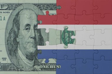 Hollanda ulusal bayrağı ve dolar banknotuyla ilgili bulmacalar. Makro. Kavram. 3d illüstrasyon