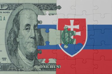 Slovakya ulusal bayrağı ve dolar banknotuyla ilgili bulmacalar. Makro. Kavram. 3d illüstrasyon