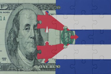 Küba 'nın ulusal bayrağı ve dolar banknotunun bulmacası. Makro. Kavram. 3d illüstrasyon