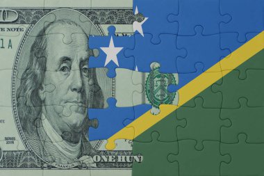 Solomon Adaları 'nın ulusal bayrağı ve dolar banknotuyla ilgili bulmacalar. Makro. Kavram. 3d illüstrasyon