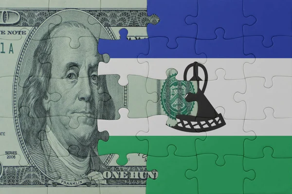 Pussel Med Den Nationella Flaggan För Lesotho Och Dollarsedlar Makrokonceptet — Stockfoto