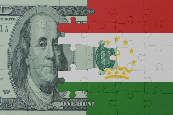 Tacikistan Ulusal Bayrağı Dolar Banknotuyla Ilgili Bulmacalar Makro Kavram Illüstrasyon — Stok fotoğraf