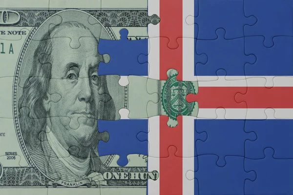 Puzzle Mit Der Nationalflagge Von Island Und Dollar Banknote Macro — Stockfoto