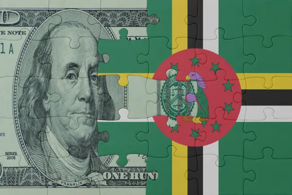 Dominica Nın Ulusal Bayrağı Dolar Banknotuyla Ilgili Bulmacalar Makro Kavram — Stok fotoğraf