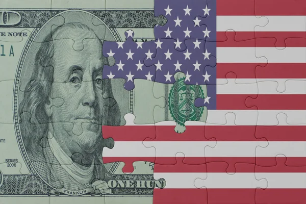Skládačka Národní Vlajkou Spojených Států Amerických Dolarovou Bankovkou Makro Koncepce — Stock fotografie