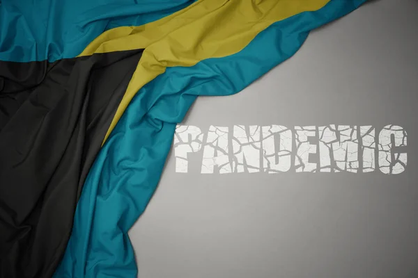 Waving Colorful National Flag Bahamas Gray Background Broken Text Pandemic — Stock Photo, Image
