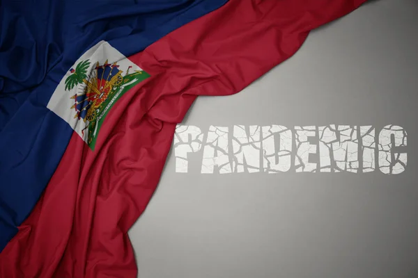 Zwaaiende Kleurrijke Nationale Vlag Van Haïti Een Grijze Achtergrond Met — Stockfoto