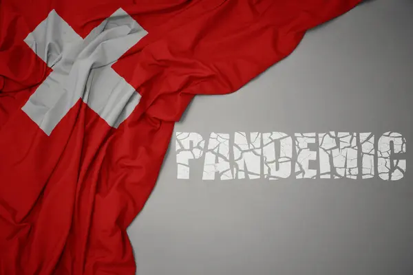 Waving Colorful National Flag Switzerland Gray Background Broken Text Pandemic — Stock Photo, Image
