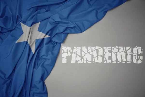 Waving Colorful National Flag Somalia Gray Background Broken Text Pandemic — Stock Photo, Image