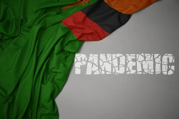 Ondeando Colorida Bandera Nacional Zambia Sobre Fondo Gris Con Una — Foto de Stock