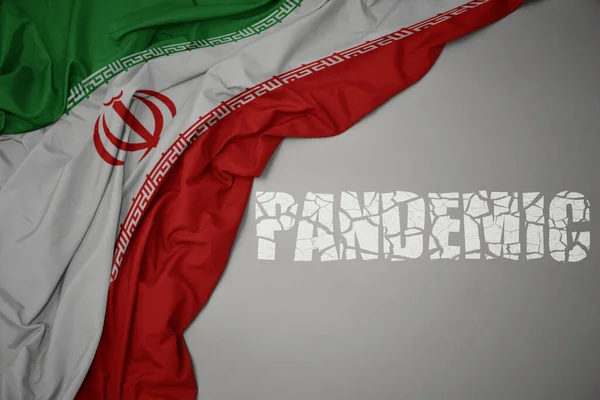 Ondeando Colorida Bandera Nacional Irán Sobre Fondo Gris Con Pandemia — Foto de Stock