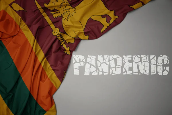 Ondeando Colorida Bandera Nacional Sri Lanka Sobre Fondo Gris Con — Foto de Stock