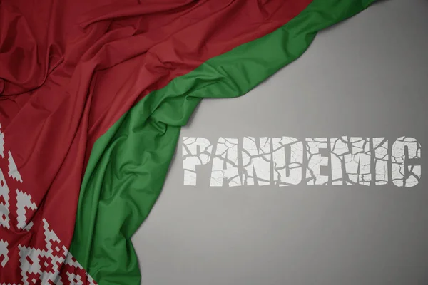 Waving Colorful National Flag Belarus Gray Background Broken Text Pandemic — Stock Photo, Image