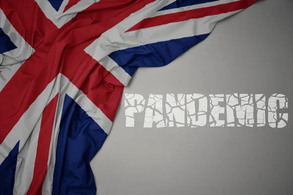 Acenando Bandeira Nacional Colorida Grande Britânico Fundo Cinza Com Pandemia — Fotografia de Stock