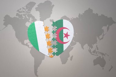 Bir dünya haritasında Cezayir ve İrlanda ulusal bayrağının bulmaca kalbi. Konsept. 3B illüstrasyon