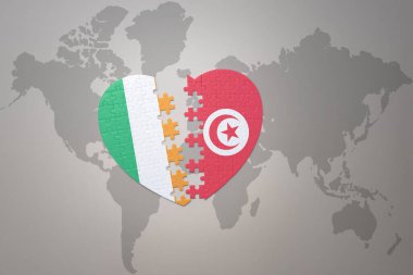 Tunus ve İrlanda 'nın ulusal bayrağıyla ilgili bir bulmaca kalbi dünya haritasında. 3B illüstrasyon