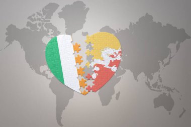 Bhutan ve İrlanda 'nın ulusal bayrağıyla bir dünya haritasında bulmaca kalbi. 3B illüstrasyon