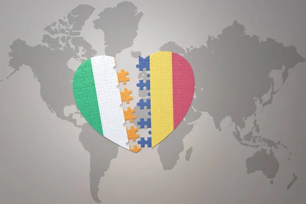 puzzle heart with the national flag of romania and ireland on a world map background.Concept. 3D illustration