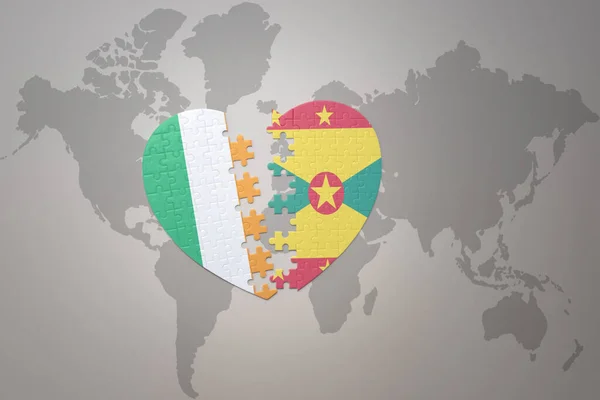 puzzle heart with the national flag of grenada and ireland on a world map background.Concept. 3D illustration