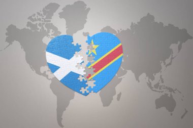 Demokratik Kongo Cumhuriyeti ve İskoçya 'nın ulusal bayrağıyla bir dünya haritası üzerinde bulmaca kalbi. 3B illüstrasyon