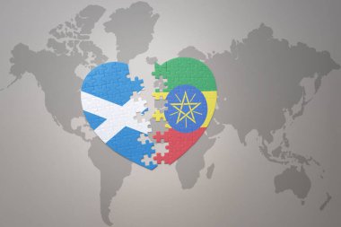 Bir dünya haritasında Etiyopya ve İskoçya 'nın ulusal bayrağıyla bulmaca kalbi. 3B illüstrasyon