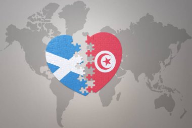 Tunus ve İskoçya 'nın ulusal bayrağıyla ilgili bir bulmaca kalbi dünya haritasında. 3B illüstrasyon