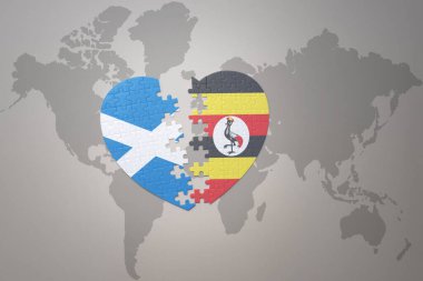 Dünya haritasında Uganda ve İskoçya 'nın ulusal bayrağıyla ilgili bir bulmaca kalbi. 3B illüstrasyon