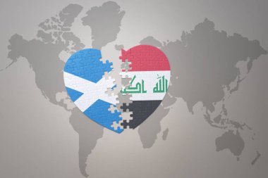 Irak ve İskoçya 'nın ulusal bayrağıyla ilgili bir bulmaca kalbi dünya haritasında. 3B illüstrasyon