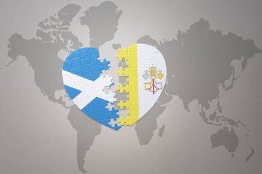 Dünya haritasında Vatikan 'ın ulusal bayrağı ve İskoçya' nın yapboz kalbi. 3B illüstrasyon