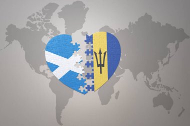 Dünya haritasında Barbados ve İskoçya 'nın ulusal bayrağıyla ilgili bir bulmaca kalbi. 3B illüstrasyon