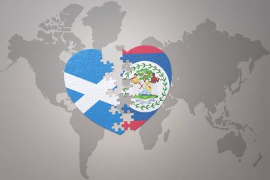 Dünya haritasında Belize ve İskoçya 'nın ulusal bayrağıyla ilgili bir bulmaca kalbi. 3B illüstrasyon