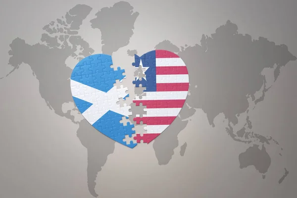 Puzzle Heart National Flag Liberia Scotland World Map Background Concept — Stock Photo, Image