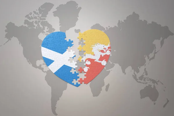 Puzzle Heart National Flag Bhutan Scotland World Map Background Concept — Stock Photo, Image