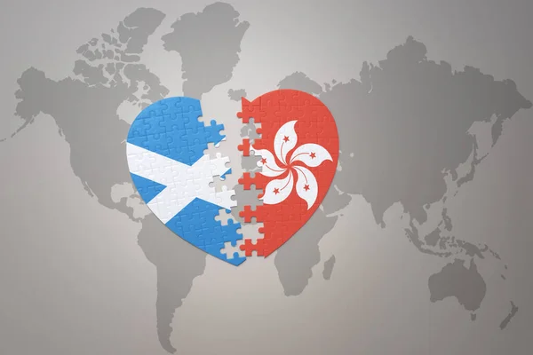 Puzzle Heart National Flag Hong Kong Scotland World Map Background — Stock Photo, Image