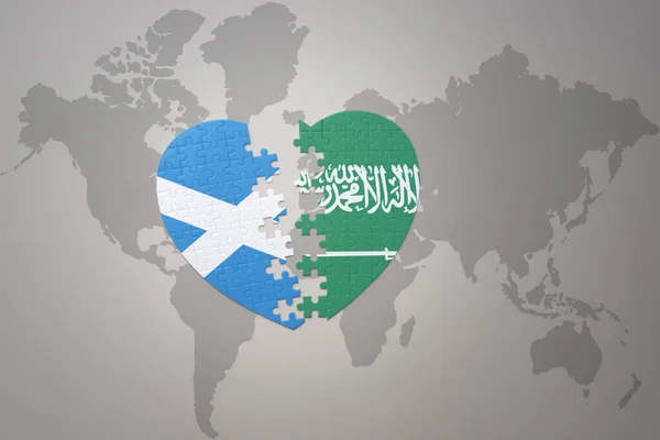 Серце Головоломка Національним Прапором Саудівської Аравії Шотландії Фоні Карти Світу — стокове фото