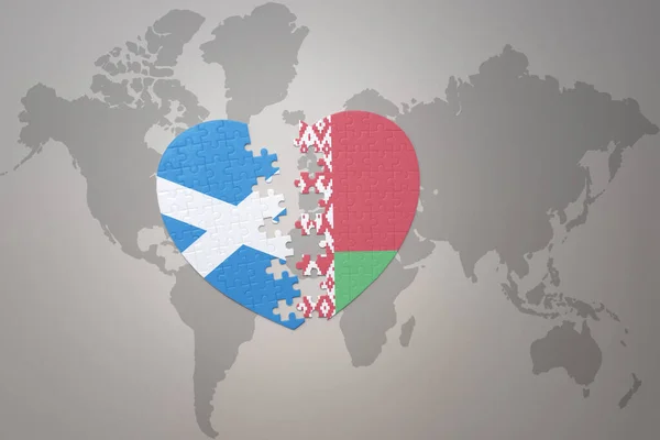 Puzzle Heart National Flag Belarus Scotland World Map Background Concept — Stock Photo, Image