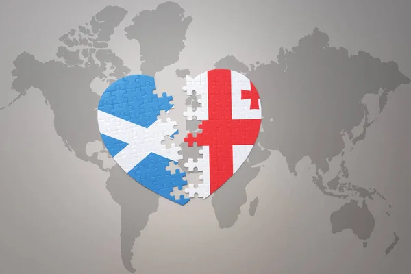 puzzle heart with the national flag of georgia and scotland on a world map background.Concept. 3D illustration