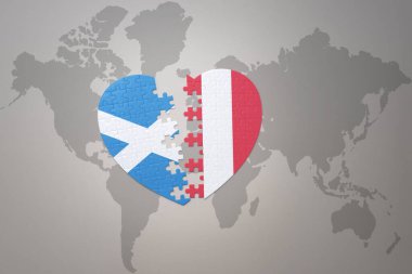 Peru ve İskoçya 'nın ulusal bayrağıyla ilgili bir bulmaca kalbi dünya haritasında. 3B illüstrasyon